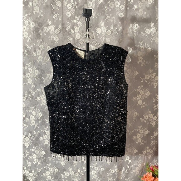 Vintage 60s Top 1960s Black Sequin Cocktail Wedding Guest Chic Fancy Size Medium - Picture 1 of 6